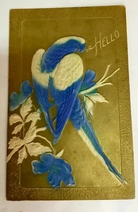 Heavy Embossed Blue White Green Parrot Bird Says Hello Gold Gilt Postcard - Picture 1 of 2