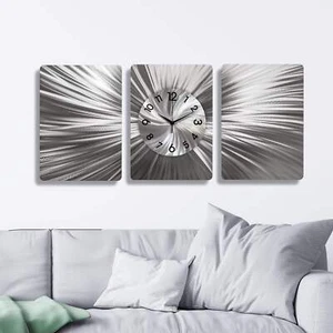 Unique 3-Piece Silver Metal Wall Art – Large Abstract Clock & Modern Home Decor - Picture 1 of 13