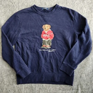 Polo Ralph Lauren Bear Sweater Men's L Navy Cotton Fleece Pullover Ribbed Cuffs - Picture 1 of 7