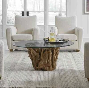 NEW Coastal Modern Farmhouse Teak Root Wood & Glass Round Coffee Table - Picture 1 of 1