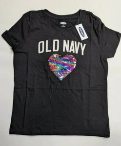 NWT Old Navy Logo Graphic Flip Sequin Heart Tee for Girls Size M (8) Black Jack - Picture 1 of 4