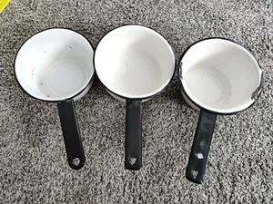 3 Vintage Small Quart Size White Enamelware Sauce Pan Black Trim And Handle - Picture 1 of 10