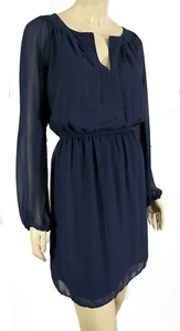Sheer Layered LS Bishop Max Edition Navy Short Dress Classy Monochromatic L - Picture 1 of 4