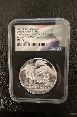 2020 Silver 1oz S. Africa S25R Rise of the Dinosaurs Coelophysis MS70 FDP - Image 1 of 4