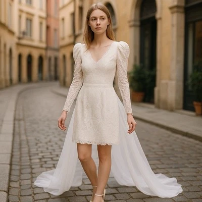 Vestido de novia vintage blanco de encaje peplum manga larga de encaje talla pequeña  Foto 1 de 4