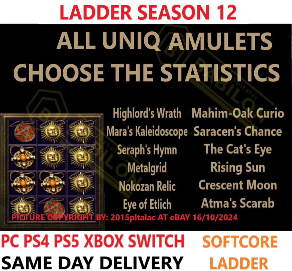 LADDER ✅ PC PS4 PS5 XBOX SWITCH✅ All Uniq Amulets Diablo 2 Resurrected Items D2R - Image 1 of 1