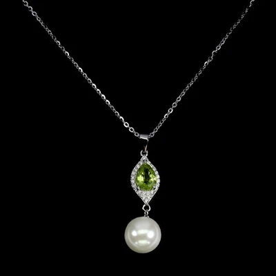 925 Sterling Silver Necklace Pear Peridot 9x6mm Mop Natural Gemstone Jewelry 18 - Image 1 of 4