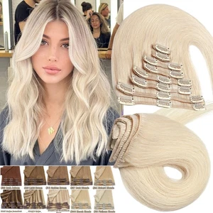 100% Clip In Real Remy Human Hair Extensions 8 pcs Full Head 10-24inch Highlight - Picture 1 of 97