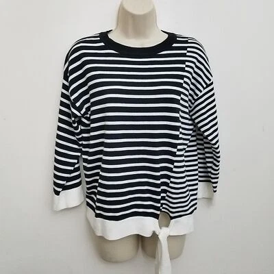 Spring Mercer Womens Top Medium Black Striped Scoop Neck Tie Waist 3/4 Sleeve - Image 1 of 4