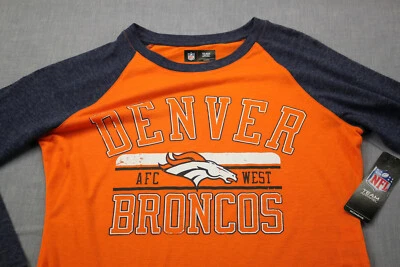 Denver Broncos NFL 球队服装女式橙色和蓝色 3/4 袖 T 恤全新带标签 S — 第 1/3 张图片