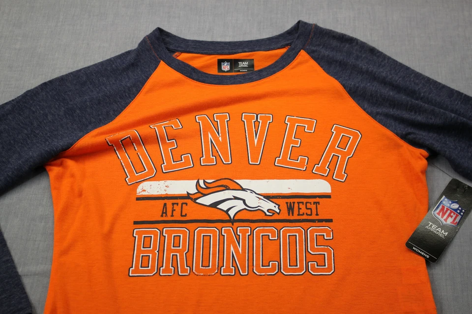 Denver Broncos NFL Equipo Ropa Mujer Naranja y Azul Manga 3/4 Camiseta Nueva con Etiquetas S Foto 1 de 3