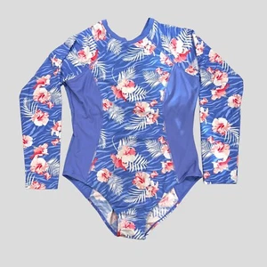 Laguna Long Sleeved Blue Swimsuit With Pink/ White Hibiscus Flowers Sz 16-18 XL - Picture 1 of 9