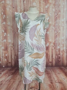 Tahari Women Floral Mini Dress Tropical Print Linen Flutter Sleeve Shift Size L - Picture 1 of 15