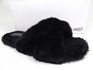 Nine West Women's Cozy Comfort Slipper Sandals, Size 9.0, Black Faux Fur 21330
