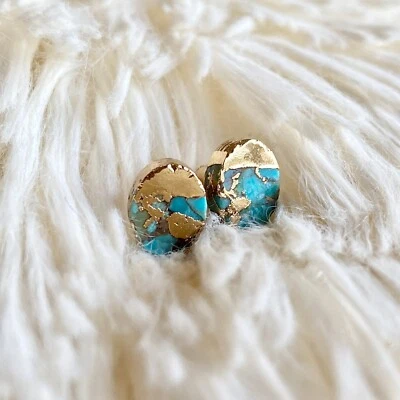 Natural Turquoise Stone Stud Earrings Blue Gemstone Gold Plated Earring Handmade - Image 1 of 3