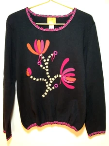 HEARTS of PALM Womens Pullover Sweater M Artsy Black Floral Applique Stitch Trim - Picture 1 of 7