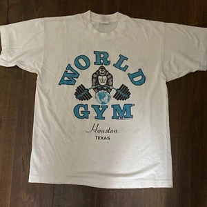 World Gym Vintage 1996 W/License Mark Tshirt Houston,TX Double Sided Size Large - Picture 1 of 8