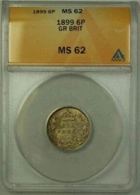 1899 Great Britain Silver 6 Pence Coin Queen Victoria ANACS MS 62 - Image 1 of 2