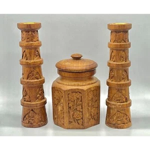 Candelabros y contenedor/tarro de madera de teca tallados a mano - Imagen 1 de 11