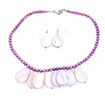 Juego de collar de pendientes de perlas de ley moradas y rosadas Foto 1 de 3