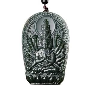 True Hetian Jade Pendant thousand Hand Guanyin Buddha Pendant+certificate Box - Foto 1 di 5