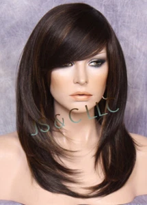 Human hair blend Heat OK Silky straight Wig Long layers bangs Brown mix 4-30 OCL - Picture 1 of 5
