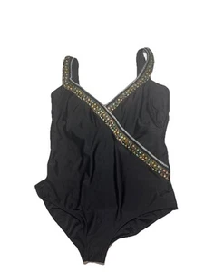 Traje de baño Gottex negro talla grande 18 una pieza cuello en V bordado Israel - Imagen 1 de 13