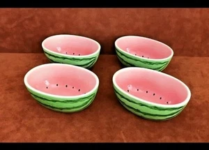 (4) PIER 1 Oval Watermelon Cereal Dessert Bowls ~ Pink/Green ~ Made in Japan Lot - Picture 1 of 4