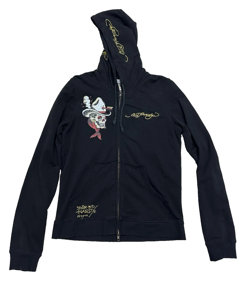 Ed Hardy Christian Audigier Womens Skull Zip Knit Hoodie Size L  Black - Image 1 of 4