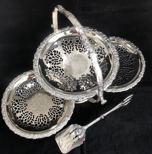 Vintage Folding 3 Tier Cake Stand by Queen Anne Silver Plated Made in England 7" - Picture 1 of 13