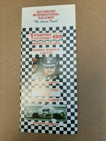 1992 Richmond Inter Raceway Pontiac 400 Ticket Brochure Bill Elliott Win Cover