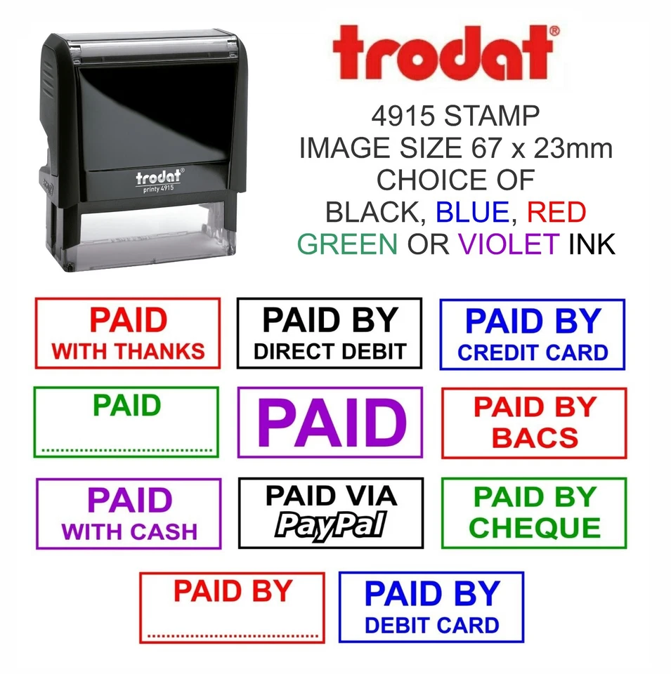 TRODAT PAID RUBBER STAMP, SELF INKING, OFFICE BUSINESS ACCOUNTS CASH CREDIT CARD BACS