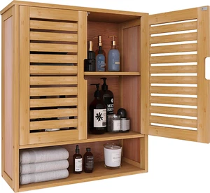 Mobile bagno da parete in bambù sopra la toilette organizer portaoggetti con 2 ante - Foto 1 di 8