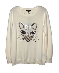 DG2 Diane Gilman Sequin Cat Sweater Women’s Medium Cream Crew Neck Long Sleeve - Picture 1 of 12