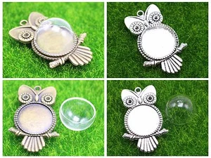 5pz Ciondolo Gufo Bronzo Argento con Vetro Terrario 1/2 Globo Bottiglia 20mm 25mm - Foto 1 di 11
