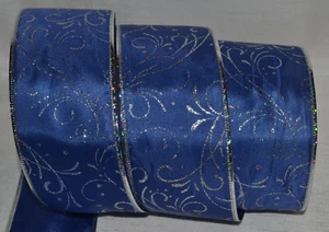 Wired Ribbon~Christmas Blue~Silver Swirl Vine~2.5"~Holiday~Crinkle Wavy~Gift~Bow - Picture 1 of 3