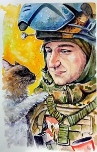 Original Watercolor Painting, Portrait Cat and Soldier, War Art Ukraine - Picture 1 of 6