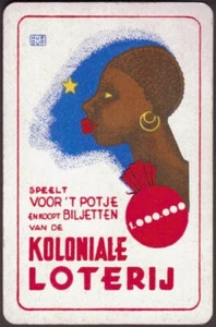 Tarjetas de juego cartas individuales antiguas años 50 KOLONIALE LOTERIJ arte publicitario LOTERÍA NIÑA - Imagen 1 de 3