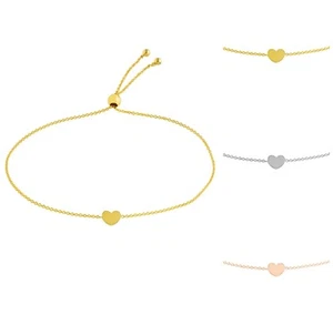 Heart Charm Bracelet Solid 14K Real Gold Cable Chain Adjustable Bolo Bracelet - Picture 1 of 12