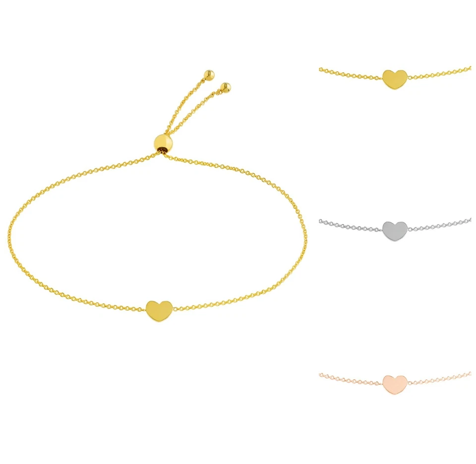 Heart Charm Bracelet Solid 14K Real Gold Cable Chain Adjustable Bolo Bracelet - Image 1 of 3
