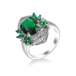 Green Oval Flower AAA CZ Band Women's White Gold Filled AAA CZ Ring Size 6-10