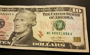 2013 $10 Federal Reserve Note Fancy Serial Number ME88891888A. 6 of a Kind - Picture 1 of 4