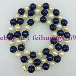 Fine 10mm Blue Lapis Lazuli Round &8-9mm White Freshwater Pearl Necklace 24 Inch