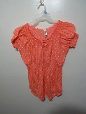 No Boundaries Top Size XL 15 17 Orange White Polka Dots Short Sleeve Elastic  - Image 1 of 3