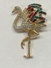 VINTAGE PRINCESS CUT STONES BLUE GREEN RED FEATHERS PAVE FLAMINGO BIRD BROOCH