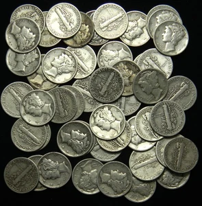 1916-1945 50-COIN ROLL OF MIXED DATES CIRCULATED MERCURY 90% SILVER DIMES - Picture 1 of 2
