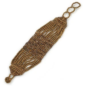 Handmade Gold Bronze Glass Bead Bracelet with Loop and Button Closure - 16cm L/ - Picture 1 of 6