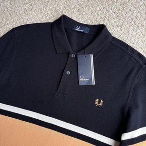Fred Perry Polo Shirt Size L Large Mens Navy Blue Orange Short Sleeve M5578 BNWT - Picture 1 of 16