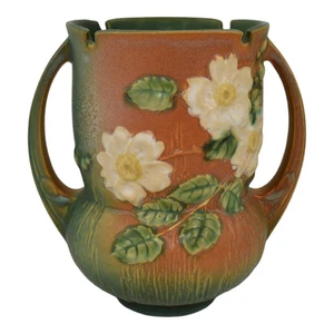 Roseville White Rose Brown 1940 Mid Century Modern Pottery Ceramic Vase 985-8 - Picture 1 of 6