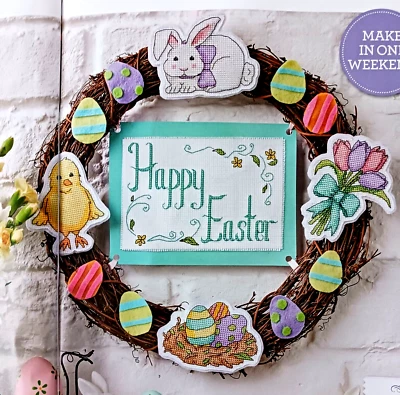 Cross Stitch Pattern HAPPY EASTER WREATH Bunny Rabbit Chick Eggs Flower Seasonal - Image 1 of 4